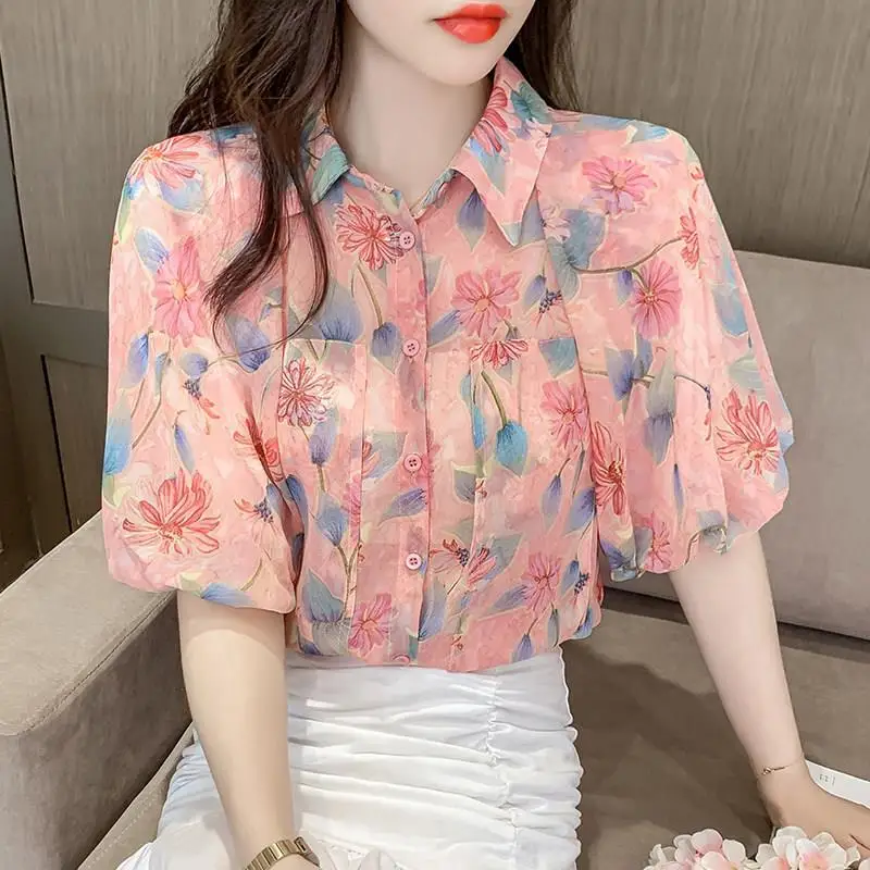 

2022 New Summer Puff Short Sleeve Women Blouses Vintage Floral Print Chiffon Shirt Korean Cute Office Woman Tops Blusas Mujer
