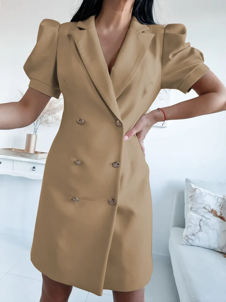 

Office Fashion Lapel Blazer Dress Women Elegant Double Breasted Slim Mini Dress 2022 Summer Casual Puff Sleeve Solid Party Dress