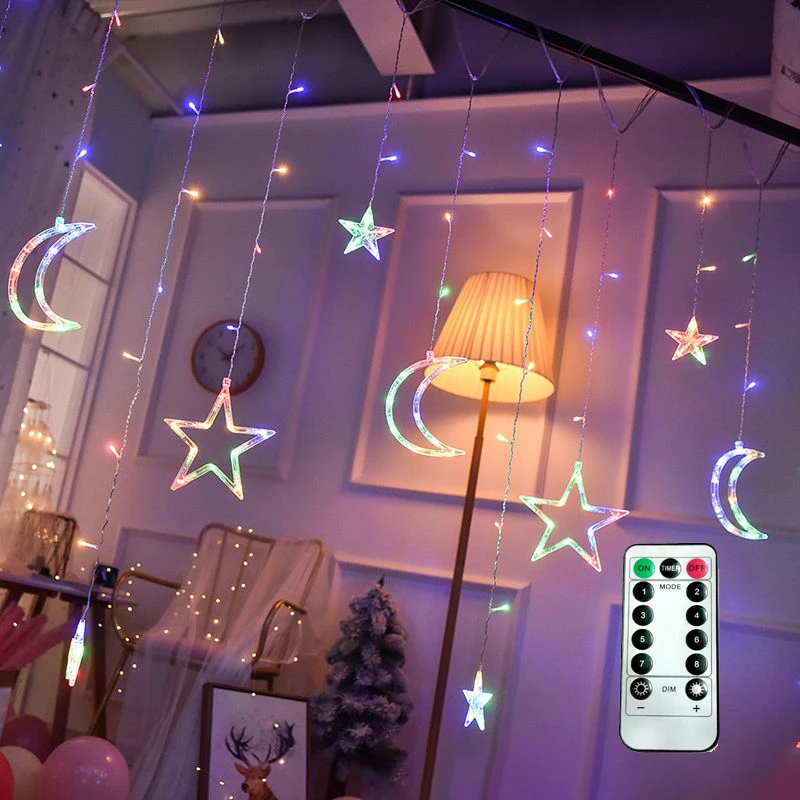 

Star Moon Led Curtain Garland Romote String Light Eid Mubarak Ramadan Decoration Islam Muslim Party Decor Eid Navidad Gift