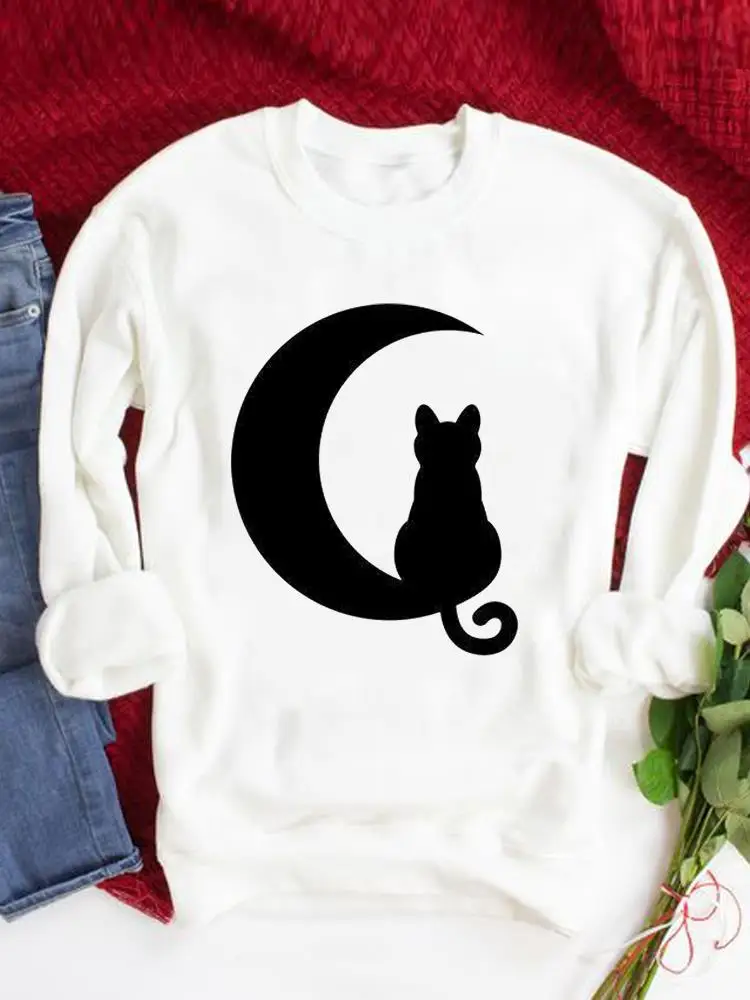 

Женские свитшоты с графическим принтом, милые трендовые пуловеры в стиле 90-х с принтом кота и Луны, Повседневная модная одежда с круглым выр...
