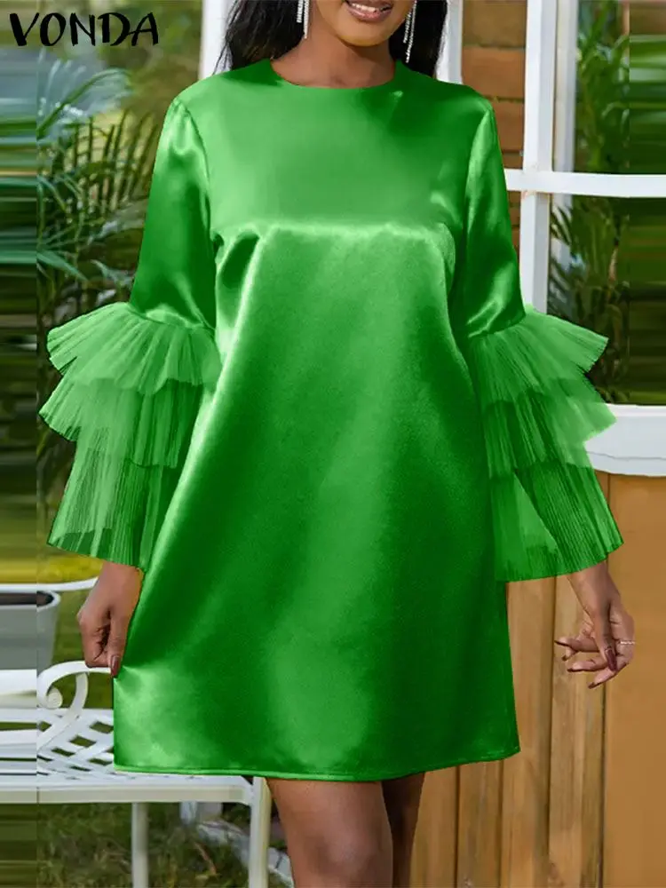 Женское платье-мини VONDA 2024 богемное атласное шелковое платье с длинным рукавом и