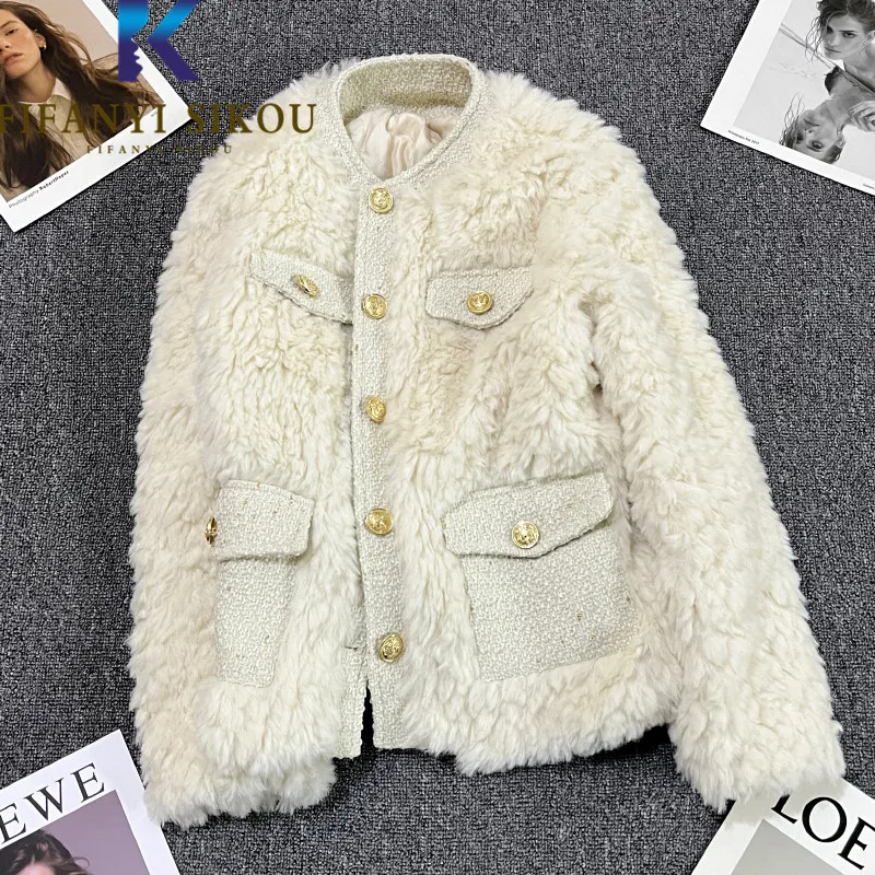 Spliced Fashion Faux Lamb Fur Jacket Women Short Plush Coat Pocket Single Breasted Fur Coat Female Winter Thick Warm Overcoat