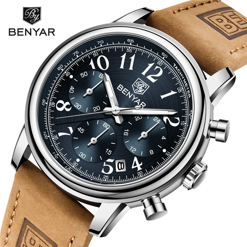 Часы-хронограф мужские водонепроницаемые из натуральной кожи в стиле милитари |