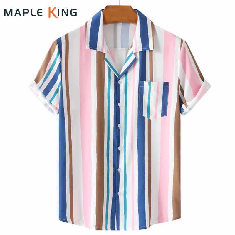 

Men Women Camisas Hawaianas Striped Shirts 2022 Summer Casual Ice Silk Cuban Collar Beach Blouse Loose Streetwear Camisetas Tops