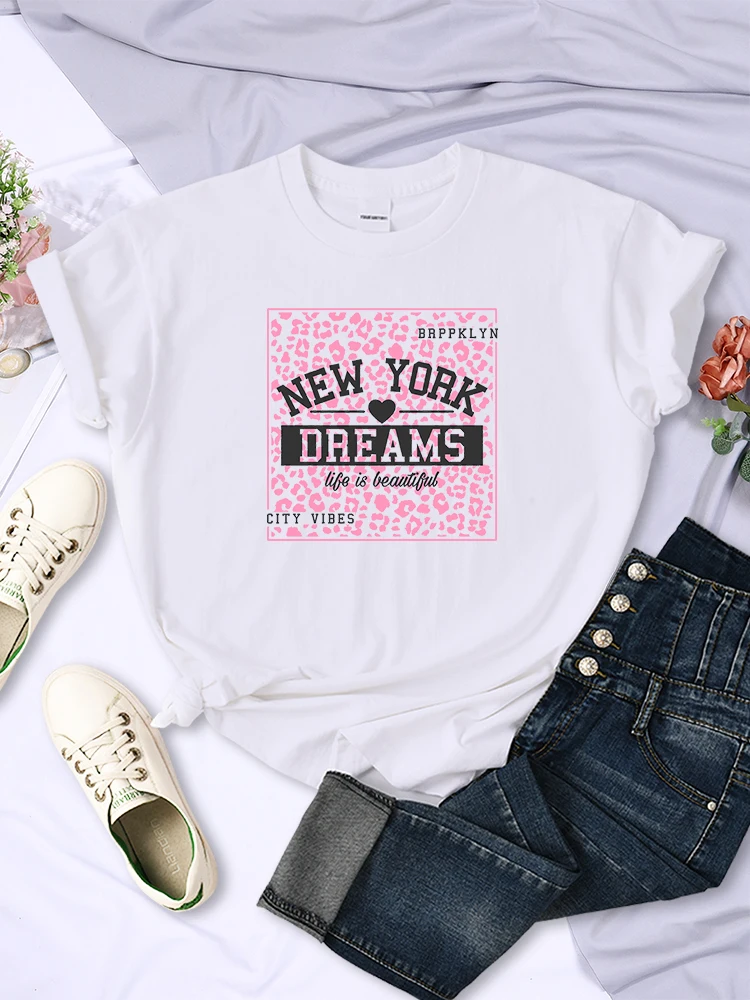 

New York Dreams Life Is Beautiful Pink Leopard Female Tops Summer Casual Tops Fashion Street T-Shirt Hip Hop Womens Tee Clothing