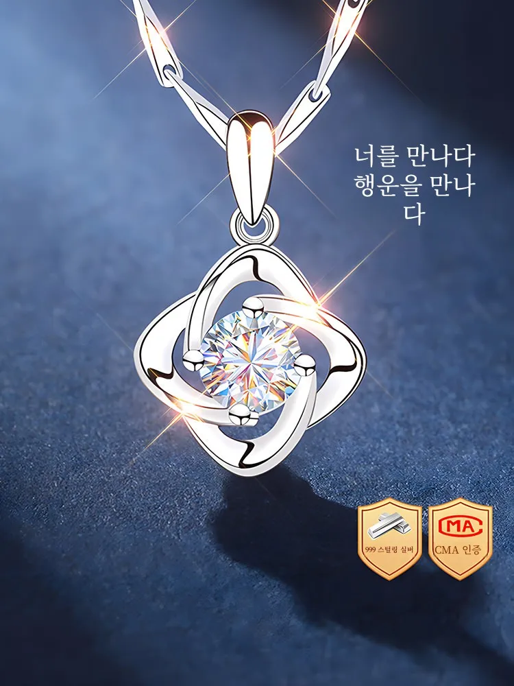 Silver Necklace Women 999 Sterling Moissanite Diamond Women's 2024 New Pendant Girls Light Luxury Jewelry