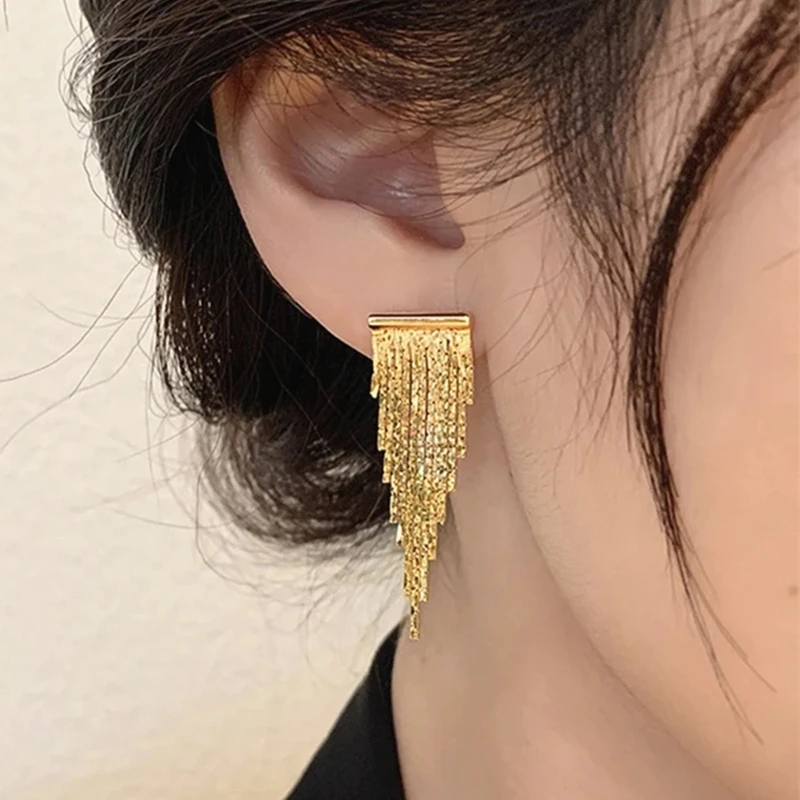 

2023 Fashion Long Bling Gold Color Tassel Earrings for Women Female Daily Fine Jewelry Hanging Pendant Accessories Gift