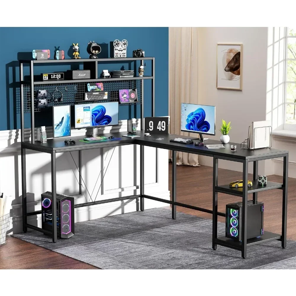 Shaped Desk with Hutch and Pegboard - 67&quot L Gaming LED Lights Corner Computer Storage Shelves Black