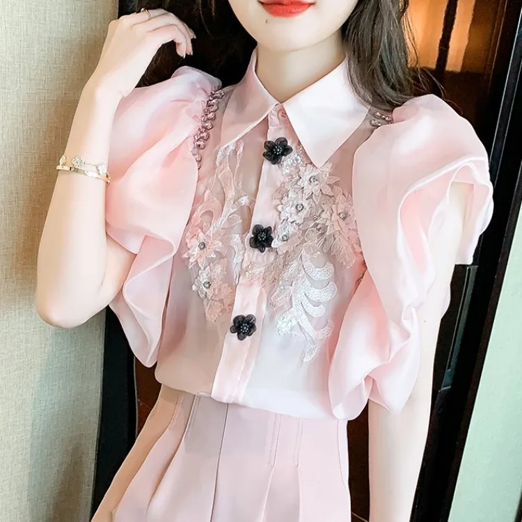 Fashion Temperament Sweet Flower Button Ladies Organza Petal Sleeve Blouses 2022 Summer Sexy Perspective Casual Blouses Blusas