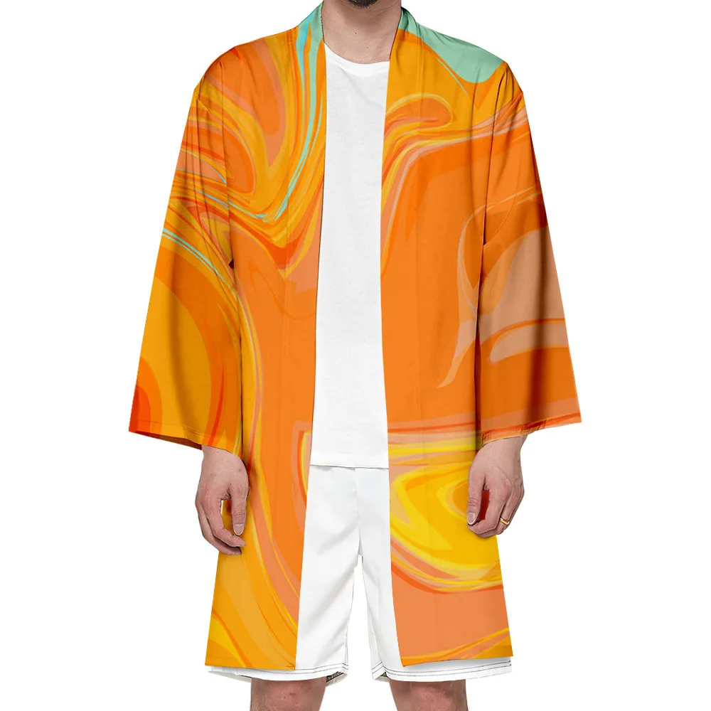 Gradient Blooming Men Kimono Couple Print Full Sleeve Robe 3XL 4XL Mid Length Bathrobe Casual Loose Home Jacket