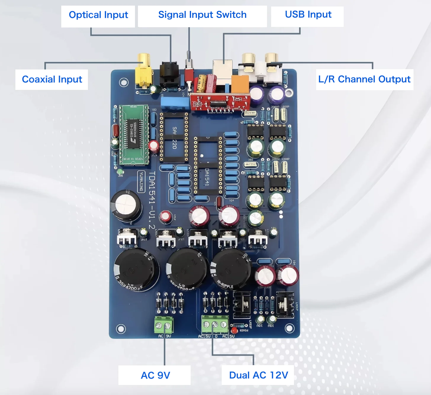Плата аудиодекодера TDA1541 |   ОптическиекоаксиальныеUSB-входы, модуль USB CS8412 + NE5534 + PCM2704 (art.: 3920da3ef4257) - 3920da3ef4257