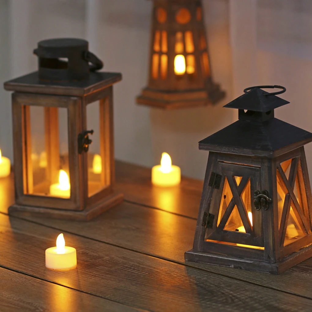 With Hanging Ring Vintage Weatherproof Hanging Lantern Indoor Windproof Wood Candlestick Courtyard Decorations
