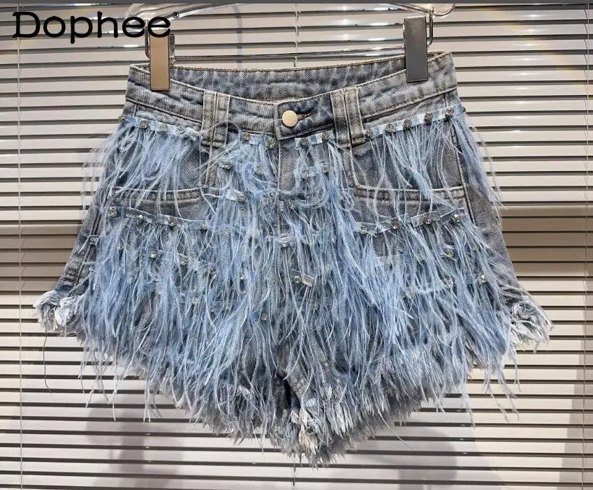 Exquisite Rhinestone Beaded Feather High Waist Denim Shorts for Women's Blue Jeans Shorts DS Nightclub Sexy Hot Pants Fashion