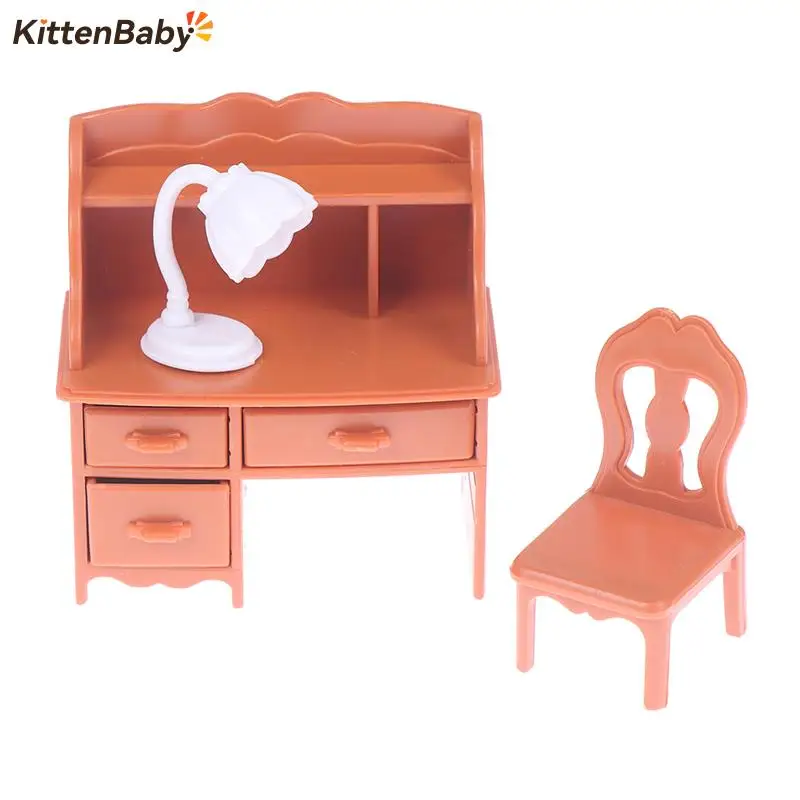 

1 Set 1/12 Book Desk Writing Study Desk Lamp Chair School Desk Furniture Model Toy Dollhouse Decor