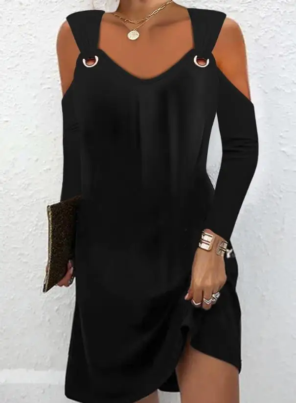 

Dresses for Women 2023 Autumn Fashion Plain Cold Shoulder Long Sleeve Eyelet Casual Loose Pullovre Mini Dress Female Clothes