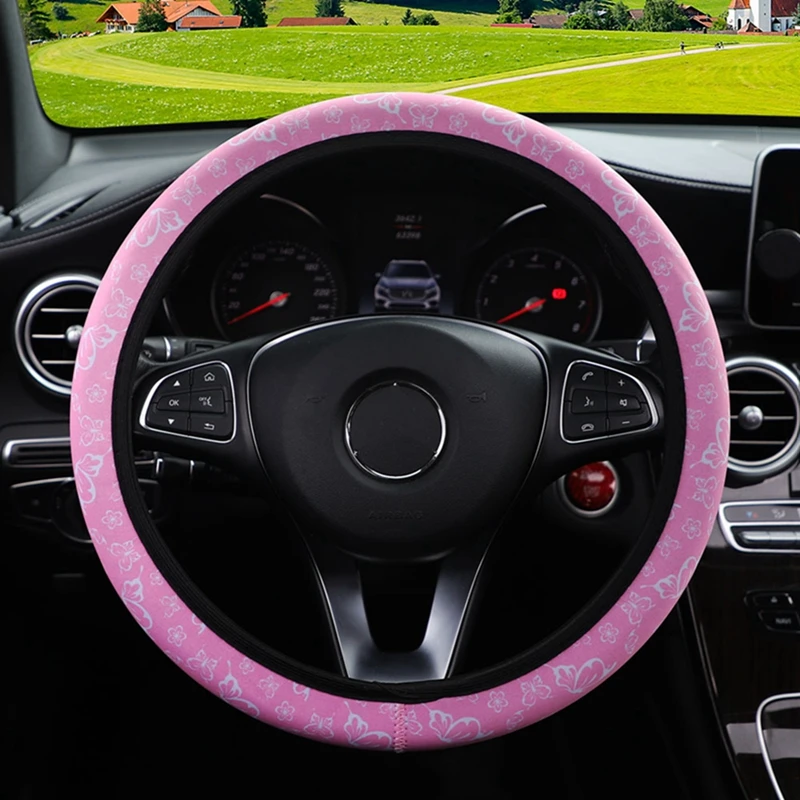 

38CM Universal Elastic Pink Butterfly Print Steering Wheel Cover Car Wheel Cover Interior Decor Anti-Slip Car Accessories