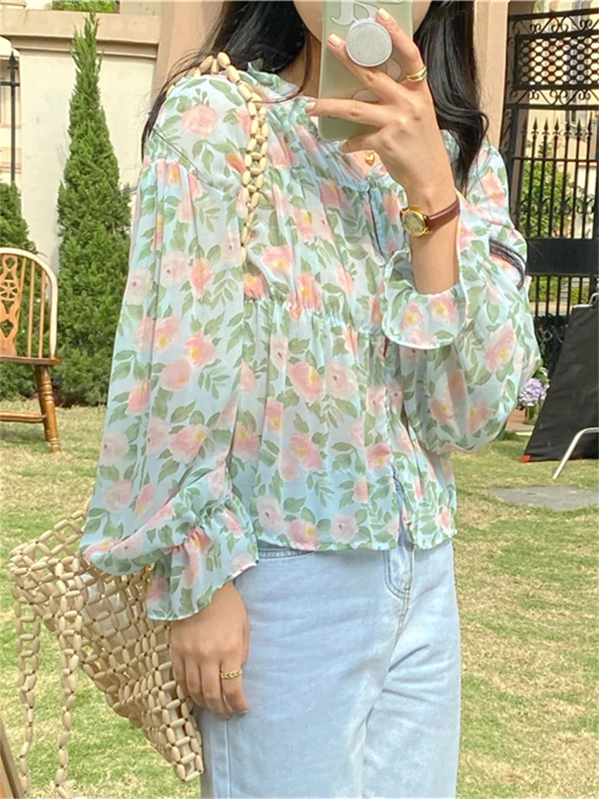 

Alien Kitty Summer Gentle Florals V-Neck Shirts Chiffon Women Sunscreen Hot 2022 Full Sleeve Office Lady Fashion Casual New OL