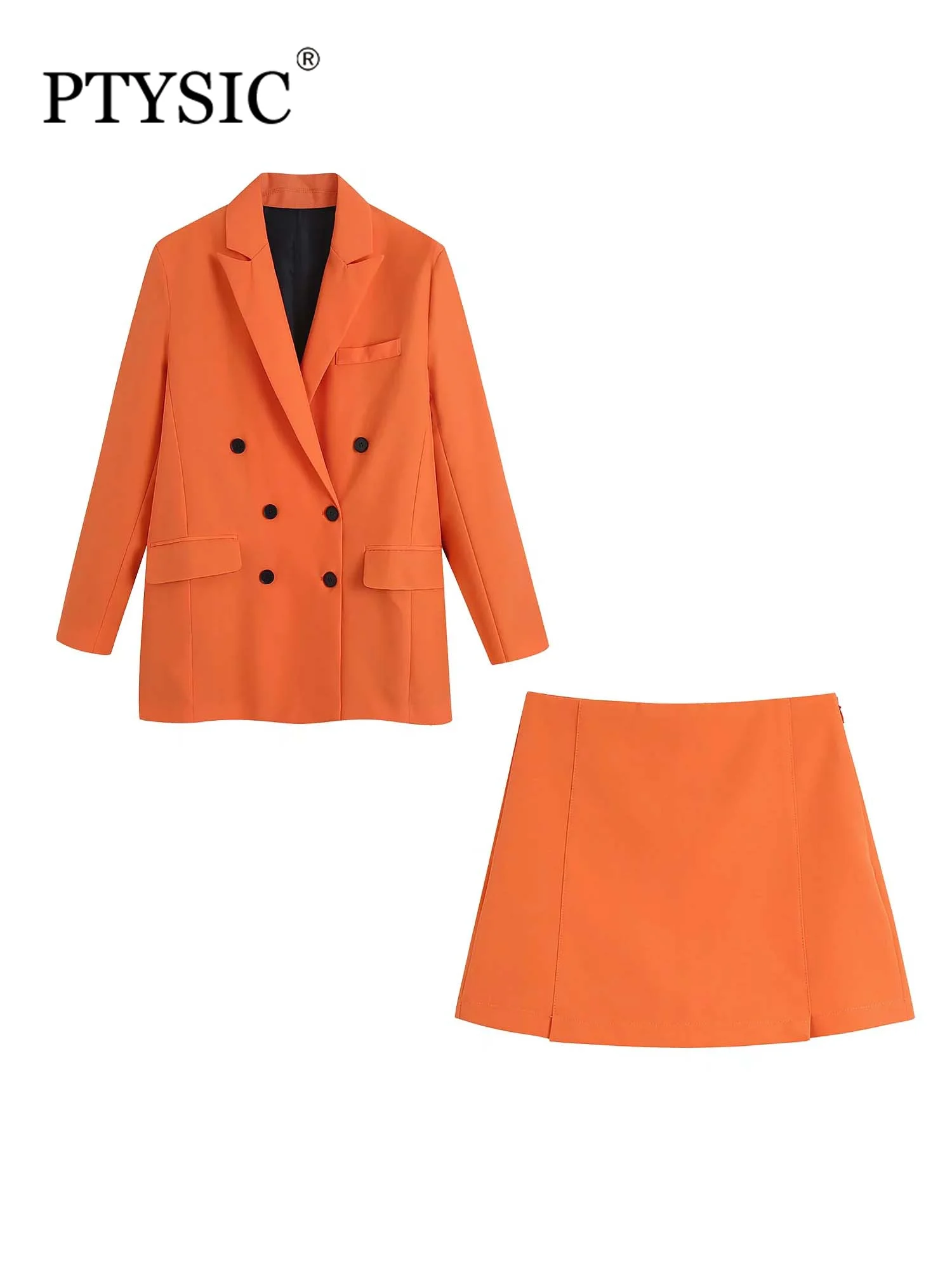 

PTYSIC Women Office Wear Shoulder With Buttoned Flap Pocket Full Sleeve Blazer Coat Solid Skirt Shorts Normcore Two Piece Sets