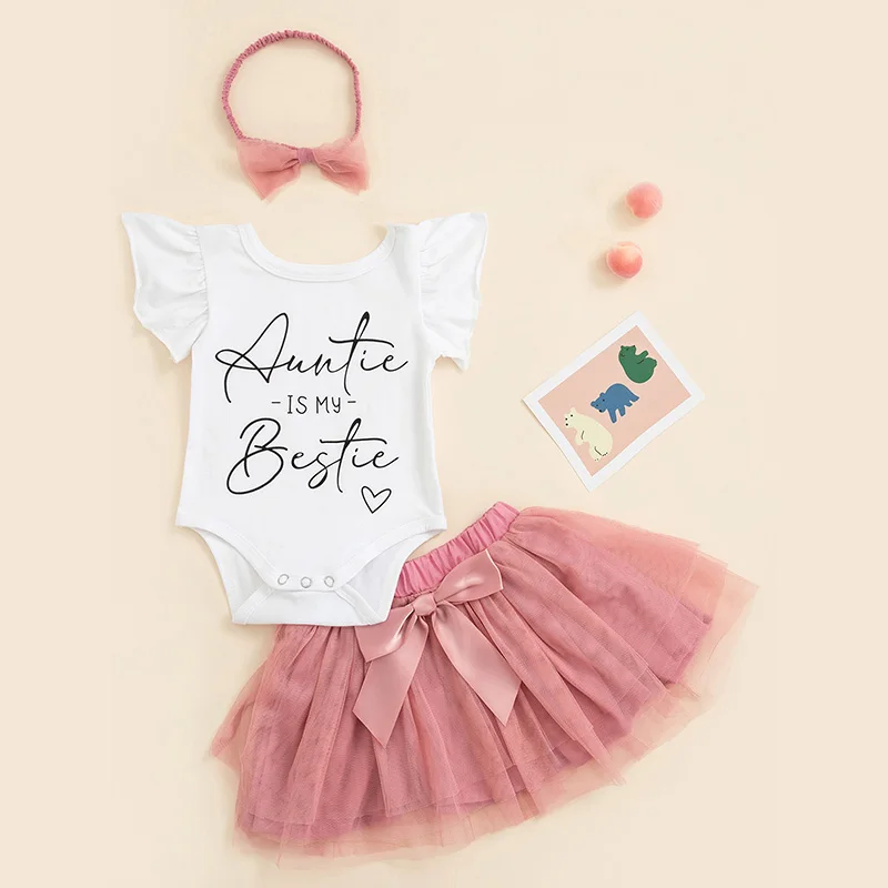 

Летний комбинезон для маленьких девочек, юбка с оборками и надписью и сетчатая юбка с повязкой на голову, наряд