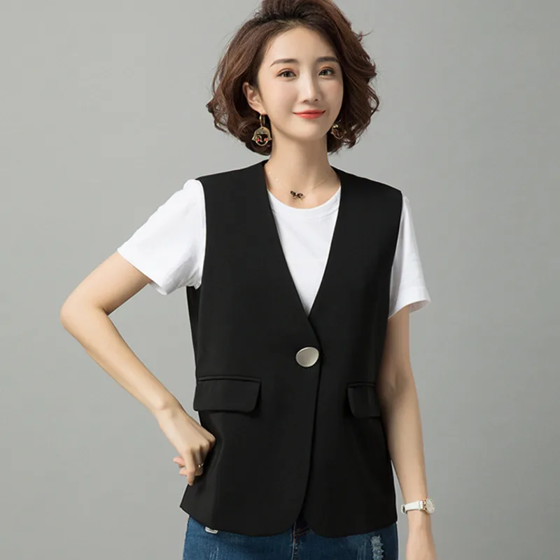 

#0708 Short Vest Women Black Outerwear Vest Coat Black V-neck Sleeveless Jacket Single Button Vest Waistcoat Slim Thin Summer