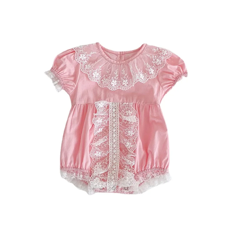 

Summer Kids Bodysuits Children's Clothing Lace Short Sleeve Pink Baby Girls One-Pieces Toddler Clothes Infant Triangle Romper