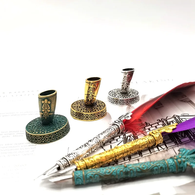 

European Vintage Feather Pen Pen Stand Metal Round Pen Holder Magic Fountain Pen Accessories Stainless Steel Stationery Gift