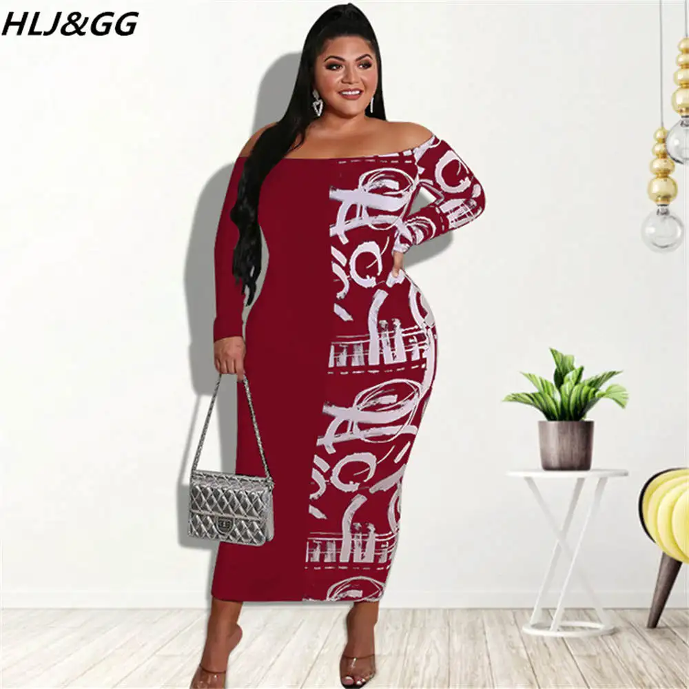 HLJ&GG Sexy Off Shoulder Long Sleeve Bodycon Mid Dresses Plus Size Women Graffiti Print Dress Fashion Female Streetwear Vestidos