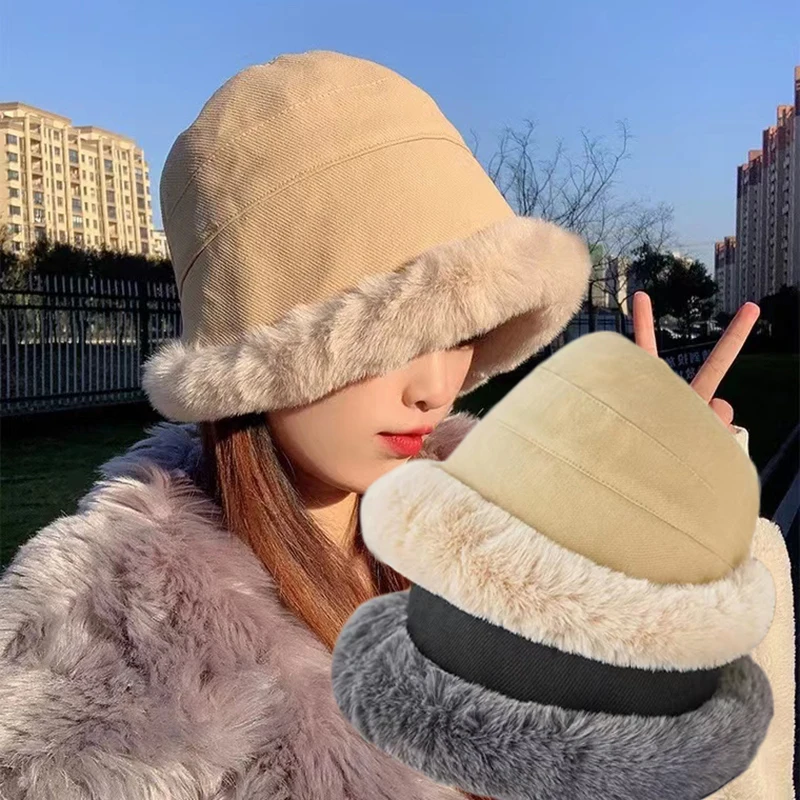 

2022 Women Lamb Wool Bucket Hat For Men Panama Cap Autumn Winter Fisherman Hat Unisex Harajuku Outdoor Keep Warm Plush Caps