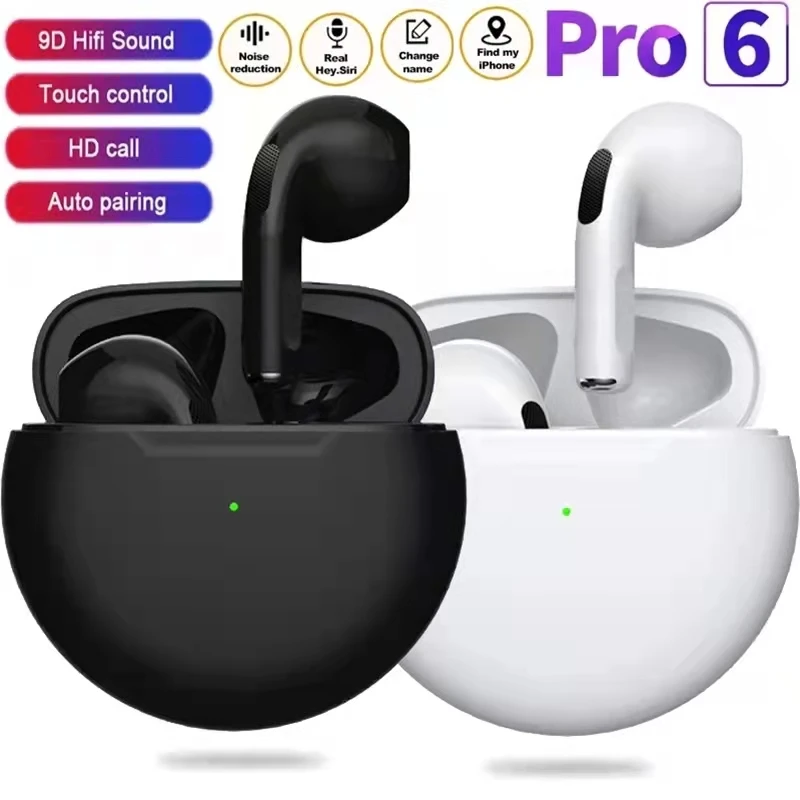 Pro 6s Wireless Earphone Bluetooth Headphones Volumen Control Noise Cancelling Earbuds Stereo Bass With Charging Box Mic Headset