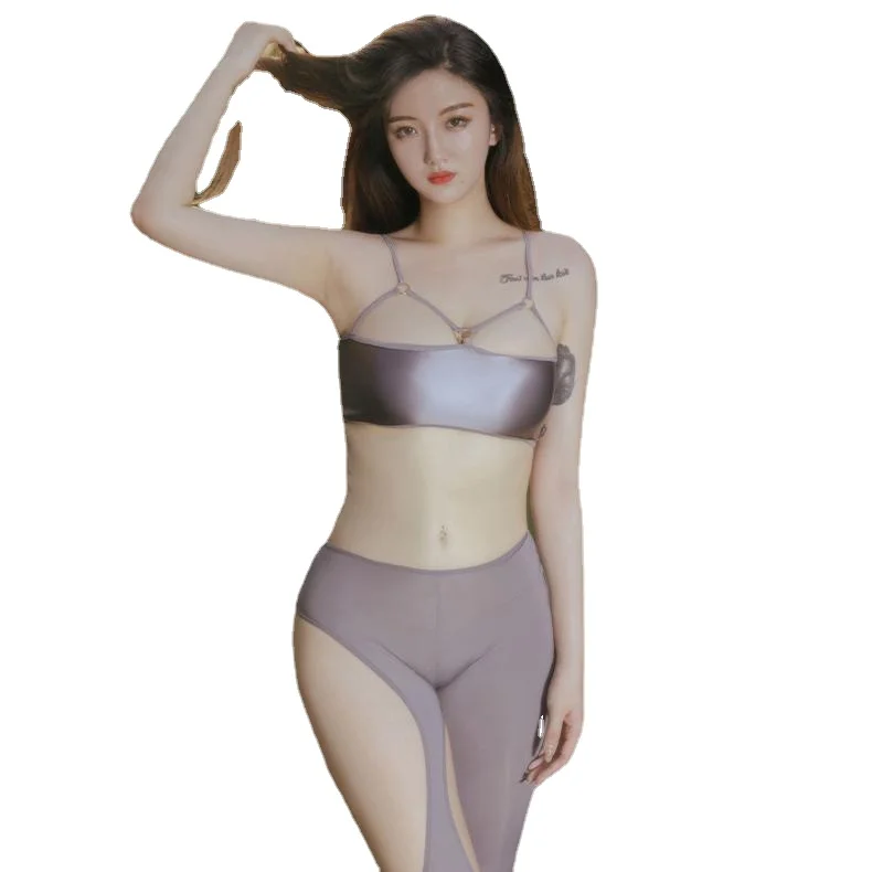 Gym Pants Lady See-through Ice Silk Shiny Pants Base Clothing Zipper Outdoor Sexy Exposed Hole Yoga Trousers Silky Club Sex Tool