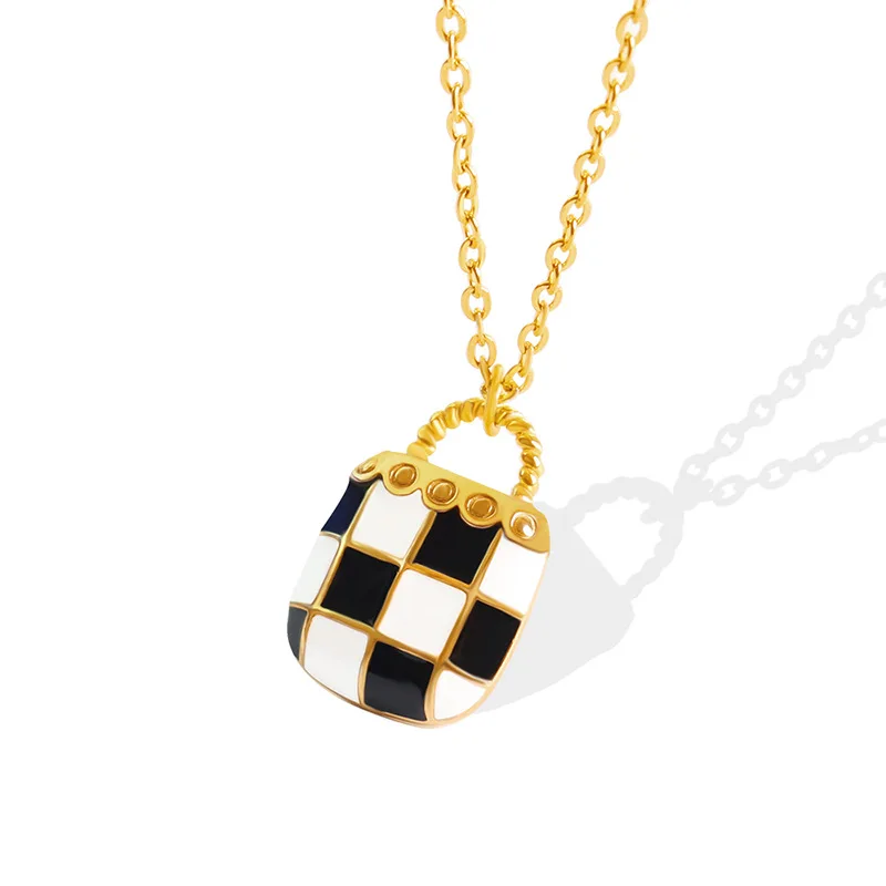 

Drop Oil Black and White Plaid Small Bag Pendant Necklace Stainless Steel Ladies Plated Gold/Silver Fashion Jewelry 2022for Girl