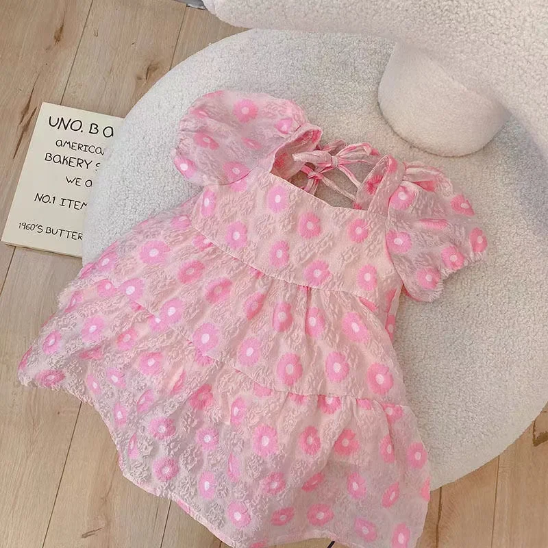 

Summer 2022 new children's full print flowers sweet puff sleeves baby girl pink princess dress