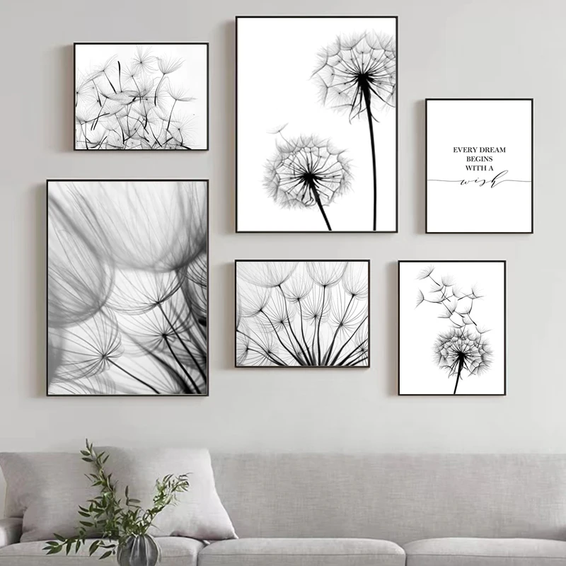 Цветок одуванчика черно-белый декоративный холст художественный принт постер