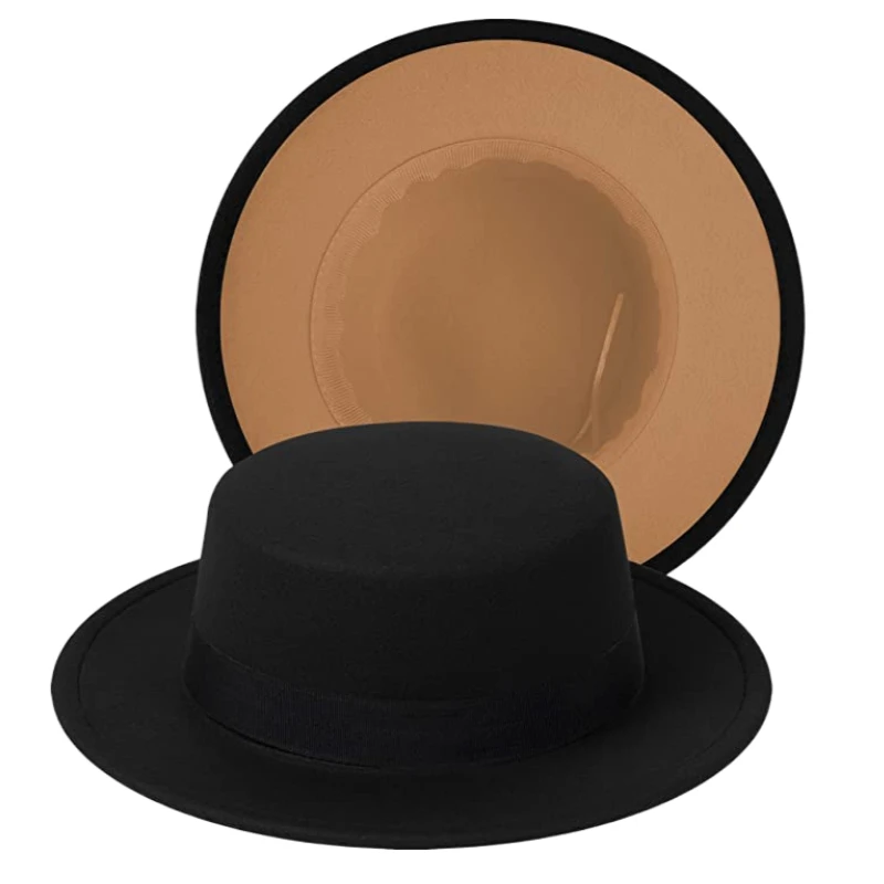 

Праздвечерние чная двухцветная фетровая шляпа Федора с широкими полями, шляпы, плоские фетровые шляпы с ремешком
