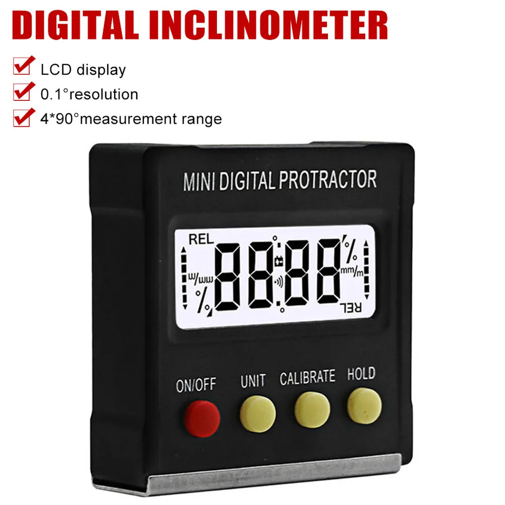 

4 x 90° Digital Protractor Lightweight Magnetic Inclinometer Angle Finder with LCD Display/Data Hold/Calibration Measuring Tool