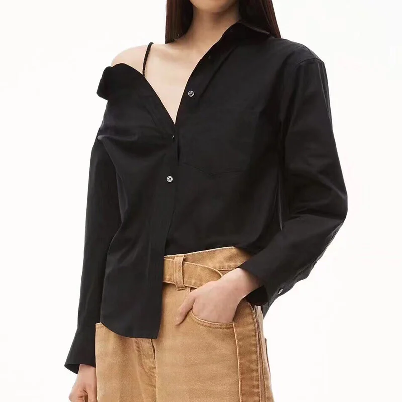 

2023 Women Chic Off Shoulder Pure Cotton Shirt Runway Designer Lapel Single Breasted Casual Loose Black Tops Lady Office Shirts