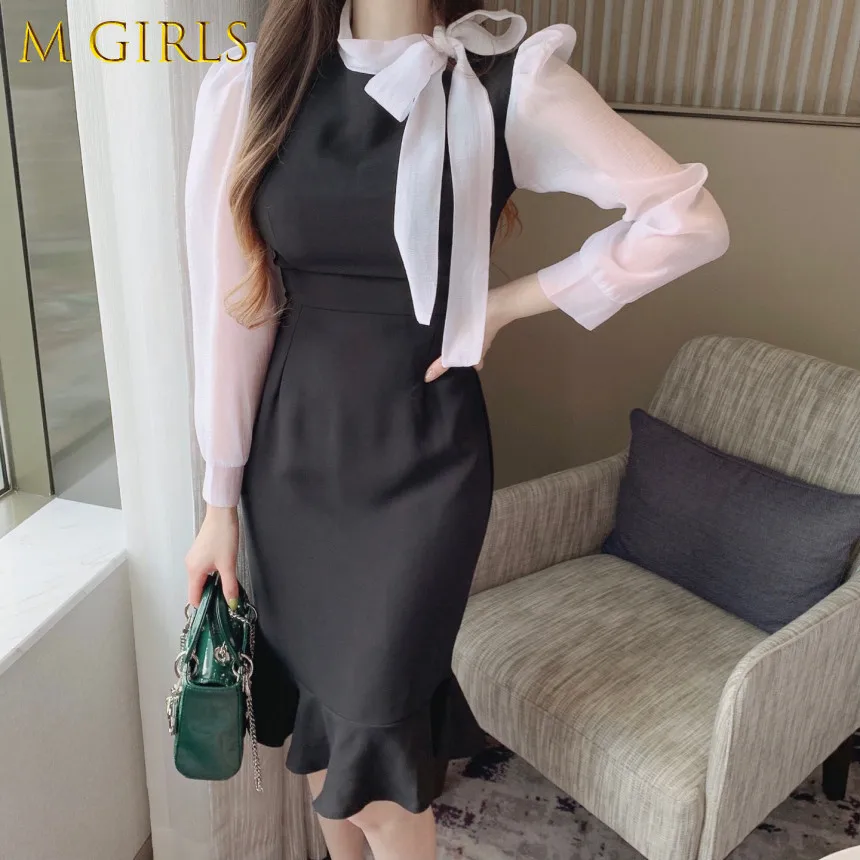 

Korean Temperament Elegant Contrast Stitching Puff Long Sleeve Bow Mermaid Dress Women Hip Slim Vestidos Mujer Retro Lace Up