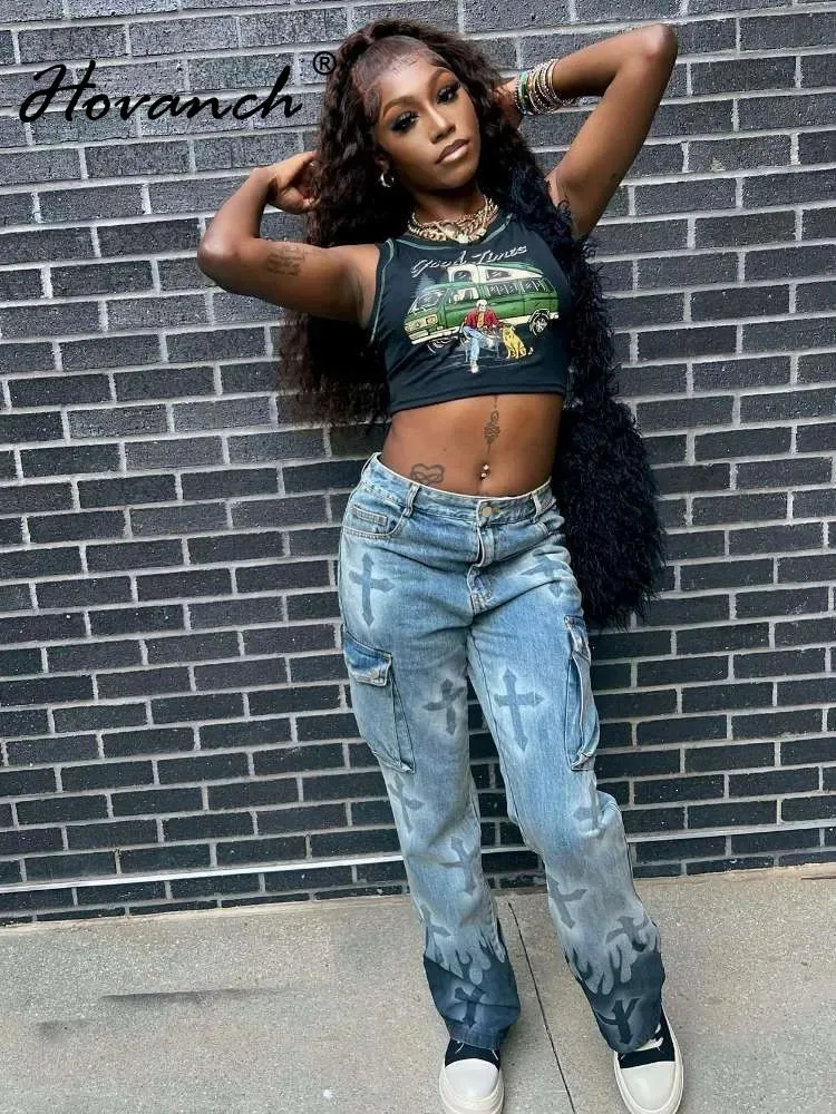 

Hovanch Cross Flame Print Pocket Fashion High Waist Jeans Women's 2022 Autumn Casual Splice Straight Pants Women's Bottom