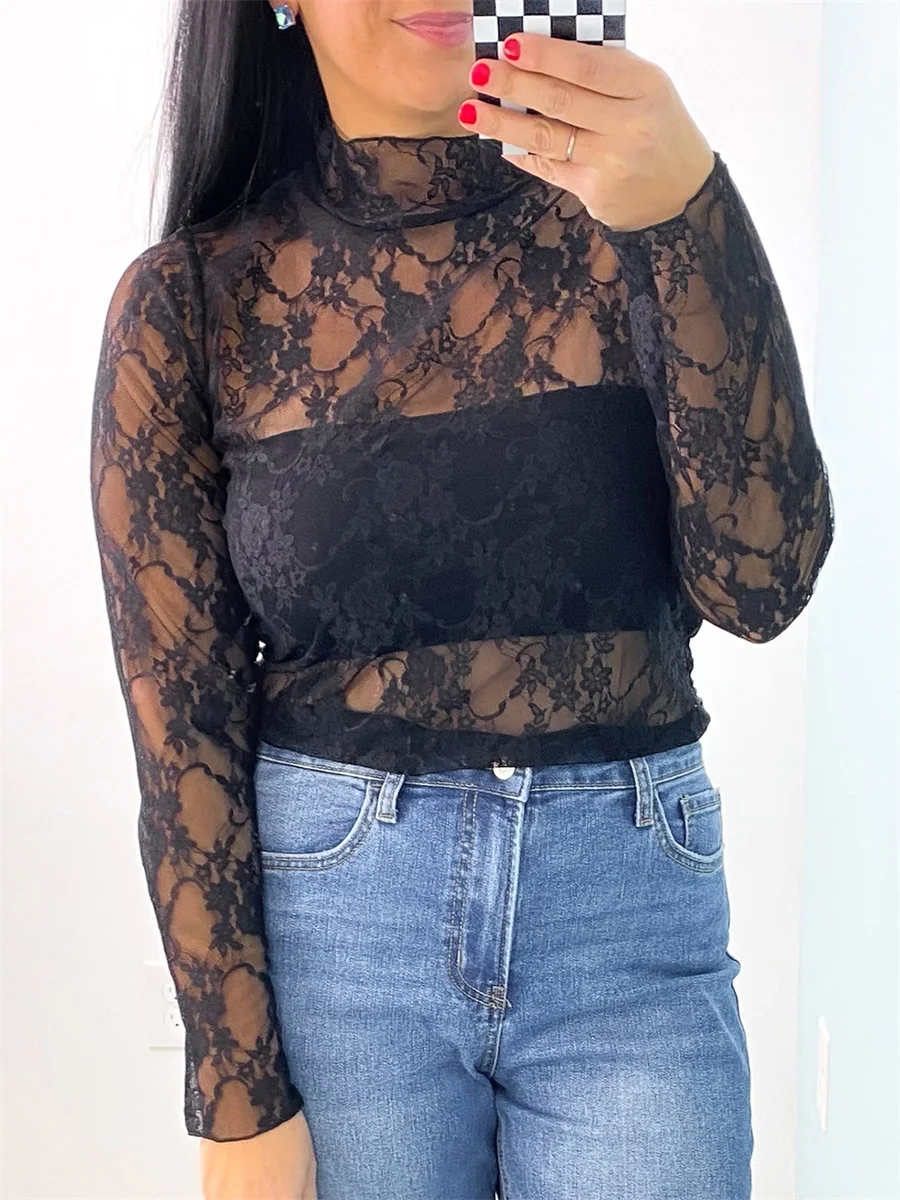 Женские прозрачные топы с цветочным кружевом и воротником-стойкой повседневные