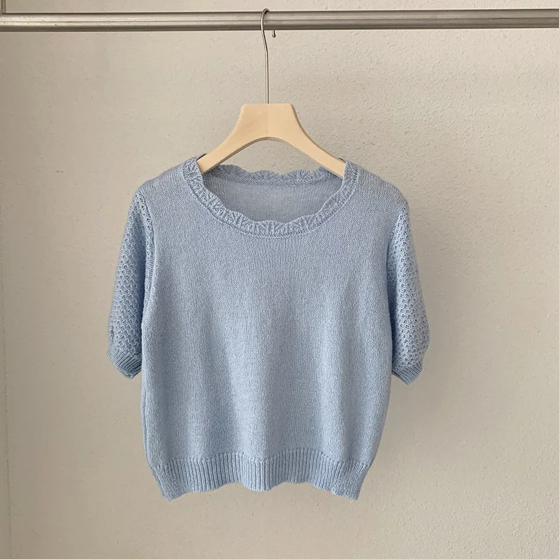 

Женский кружевной пуловер с коротким рукавом, однотонный, серого цвета, 2022