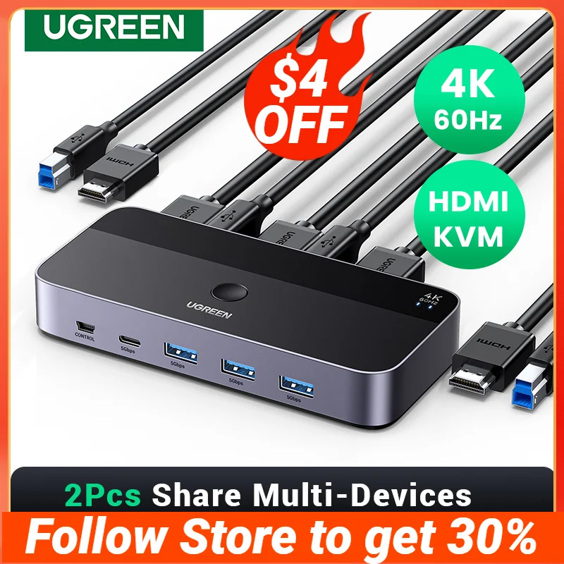 UGREEN 4K @ 60Hz HDMI KVM переключатель USB3.0 KVM коммутатор 2 шт. общий доступ 1 монитор, принтер, клавиатура, мышь переключатель Поддержка 3D ,HDR Vision