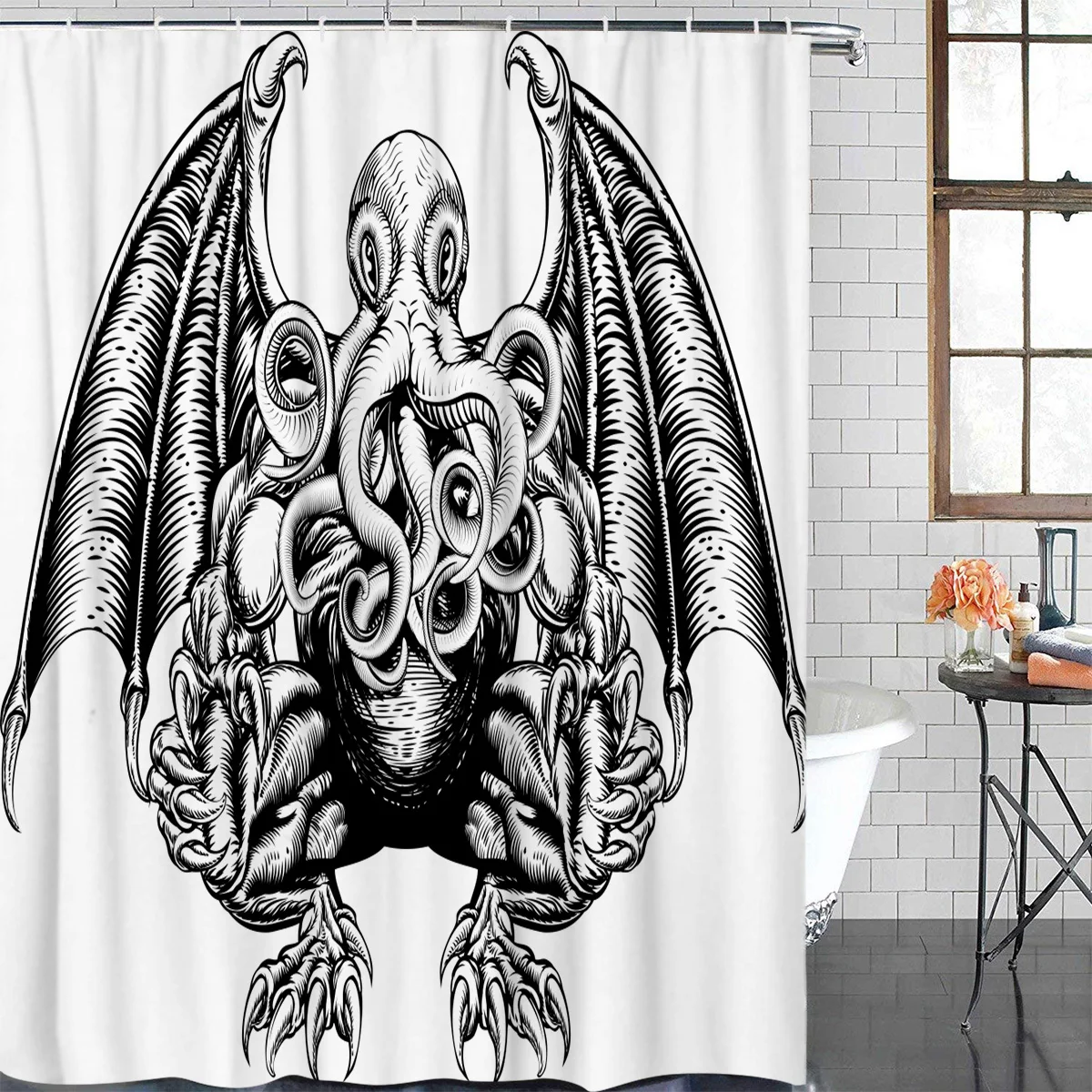 Черно-белая Водонепроницаемая занавеска для душа Cthulhu в виде монстра-осьминога с