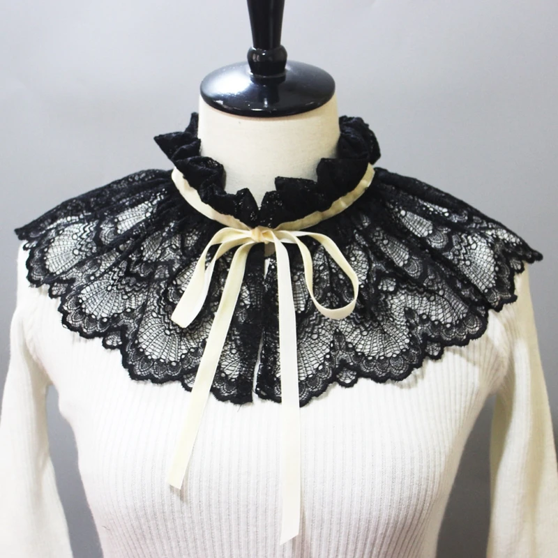 

Women Vintage Black Lace Ruffled Stand Fake Collar Hollow Out Wavy Scalloped Trim Big Shawl Gothic Lace-Up Bow Capelet