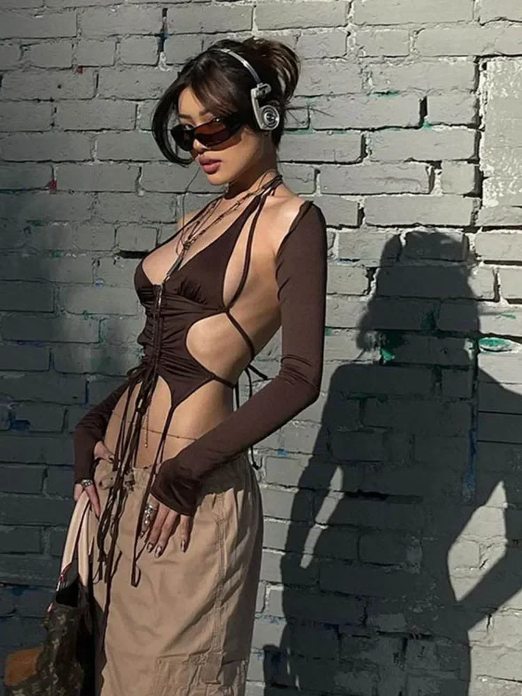 Y2k Уличная одежда укороченный топ с длинными рукавами и лямкой на шее сексуальные