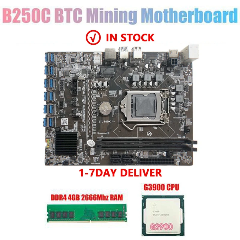 

Материнская плата B250C для майнинга BTC с процессором G3900 + DDR4 4 Гб 2666 МГц ОЗУ 12xpcie на USB3.0 слот для карты LGA1151 для майнинга BTC