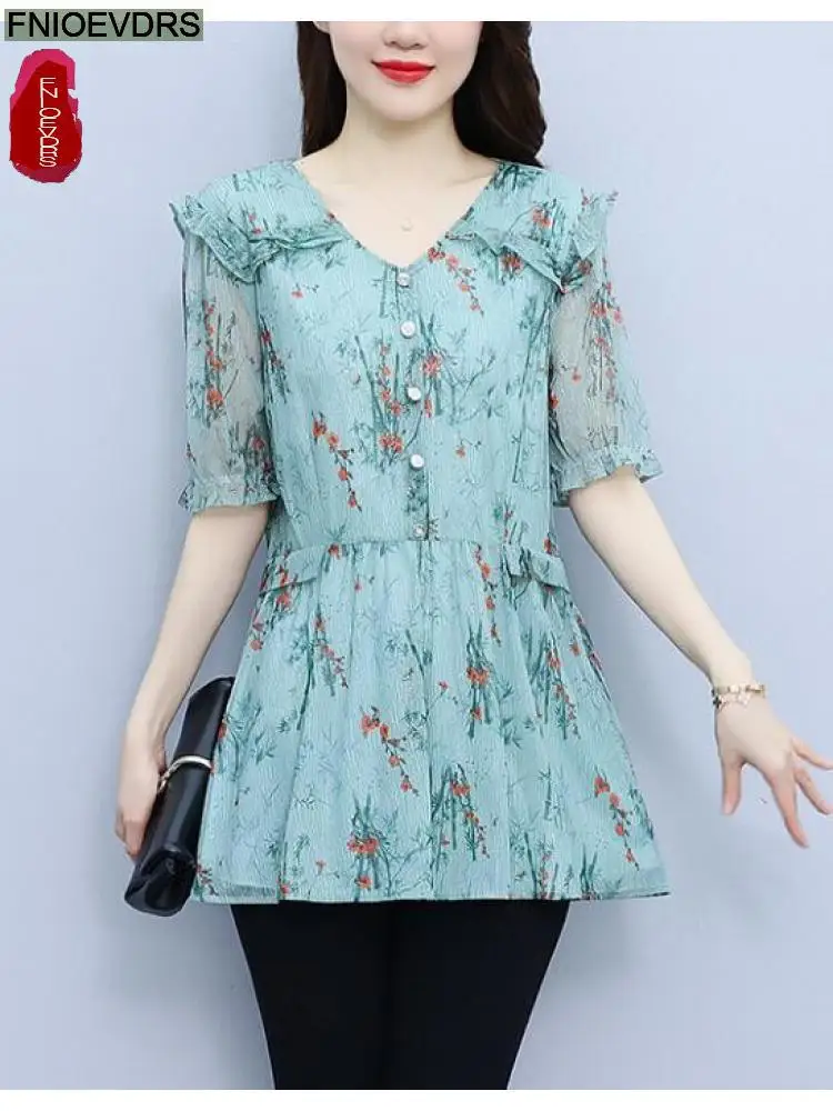 

L-5XL Loose Clothes 2023 Women Summer Short Sleeve Elegant Ruffles Shirts Casual Retro Vintage Floral Tunic Peplum Tops Blouses