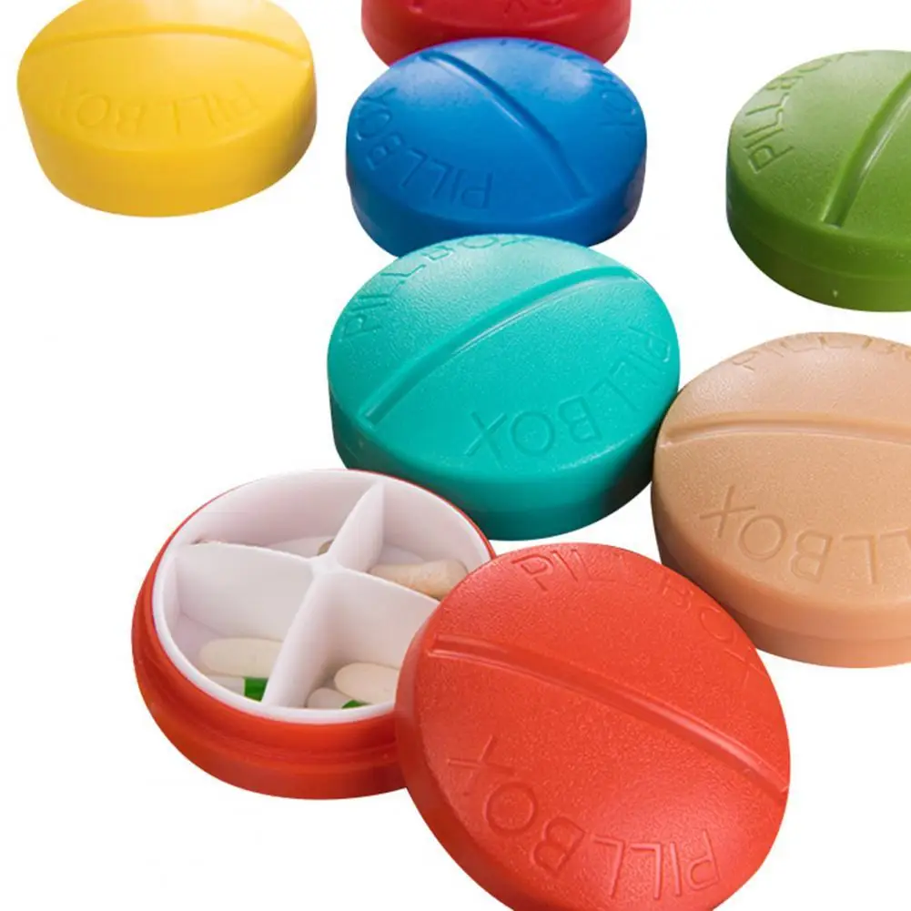 

Pill Box Round Shape 4 Compartments Portable Capsule Tablet Storage Organizer Pill Case for Travel Medicine Tablet Holder