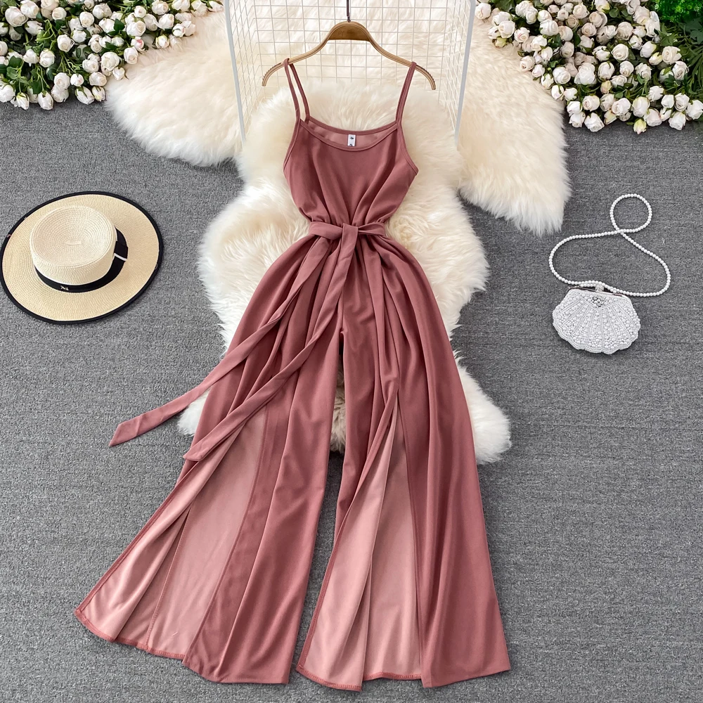 

Vintage Boho 2022 spaghetti strap bandage split Jumpsuit Summer rompers Full Length Playsuit Women elegant beach holiday Romper