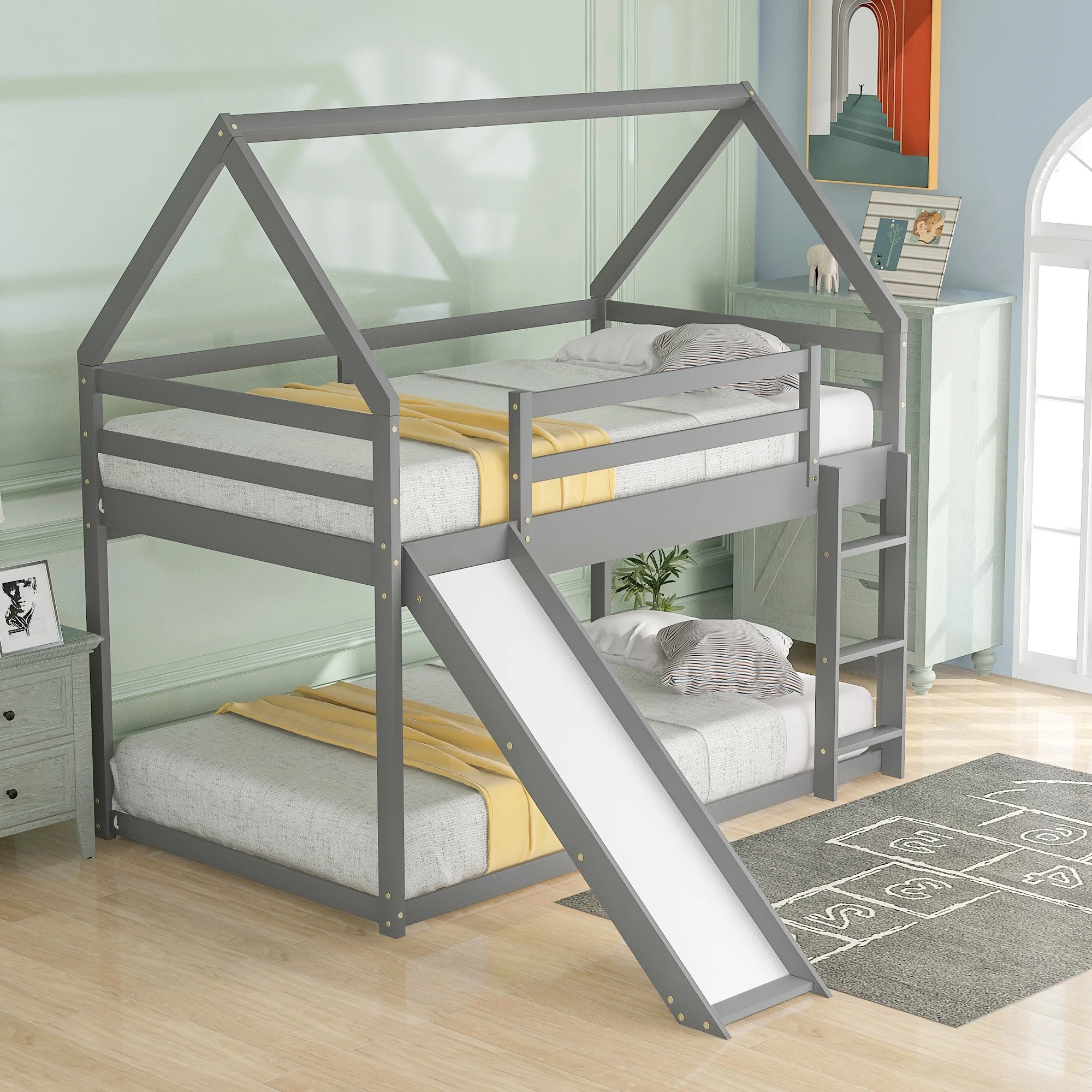 

Home Modern And Minimalist Furniture Bedroom Furniture Beds Frames Bases Twin Size Bunk House Bed With Slide And Ladder Gray