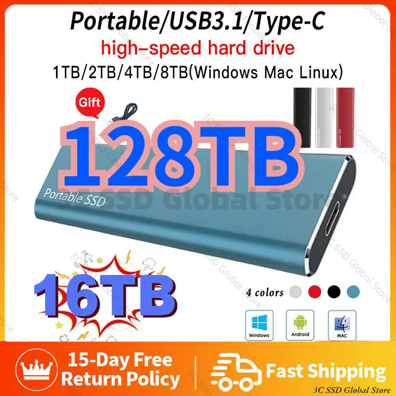 

Portable External 1TB Solid State Drive 128TB SSD Mobile High-speed Storage Device USB3.1 Hard Drive for Laptop Microcomputer